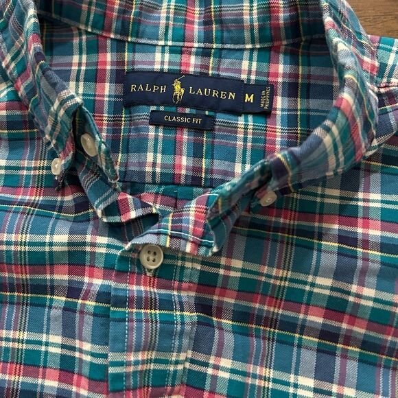 Ralph Lauren Classic Fit Plaid Cotton Red Green Multicolor Oxford Shirt Medium - Picture 2 of 6